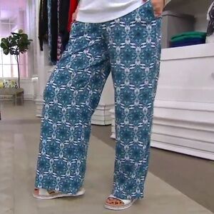 BROOKE SHIELDS Woven Pull-On Wide-Leg Pants with Side Slits Blue Moroccan SZ L